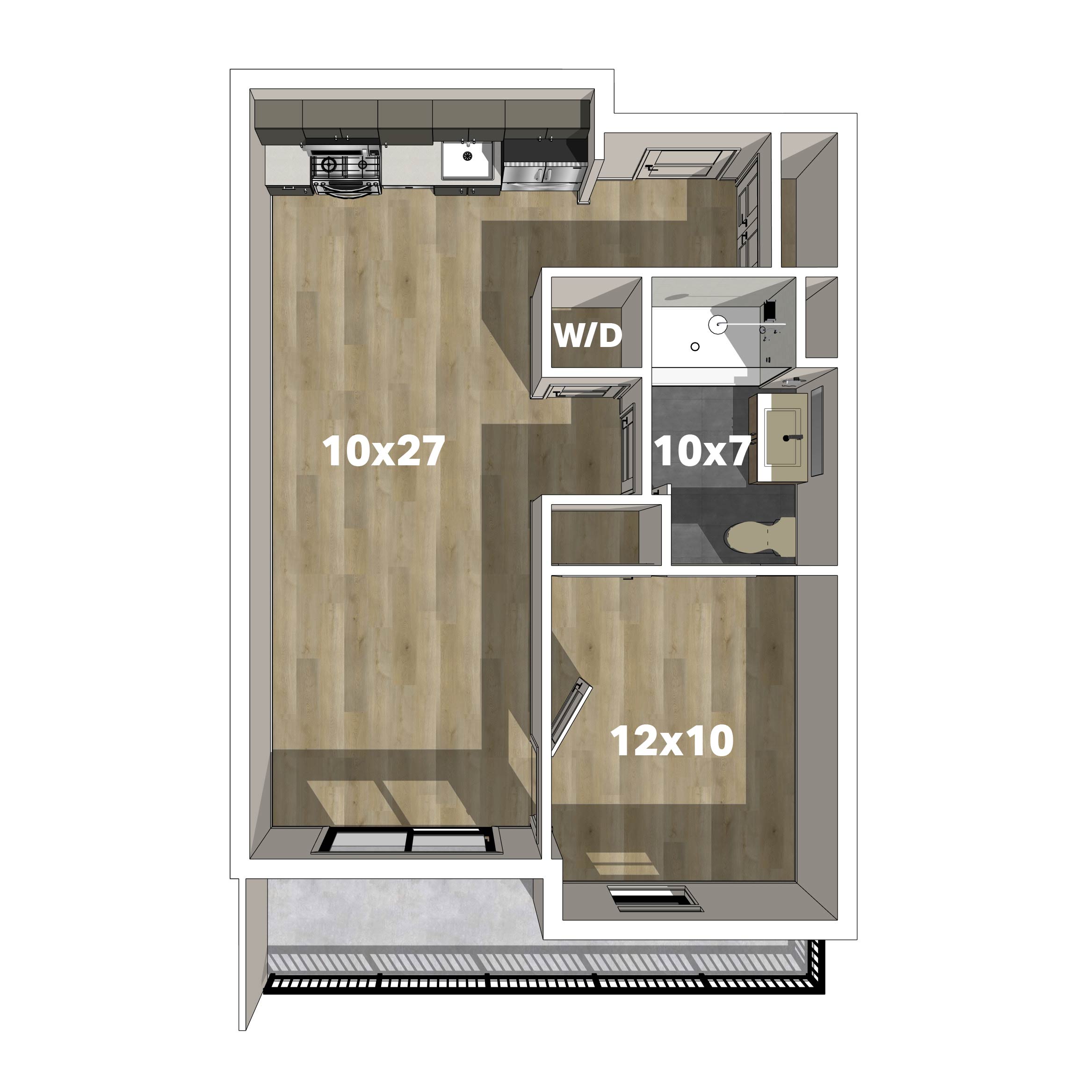 Floor plan for the one-bedroom Plan B1 residence