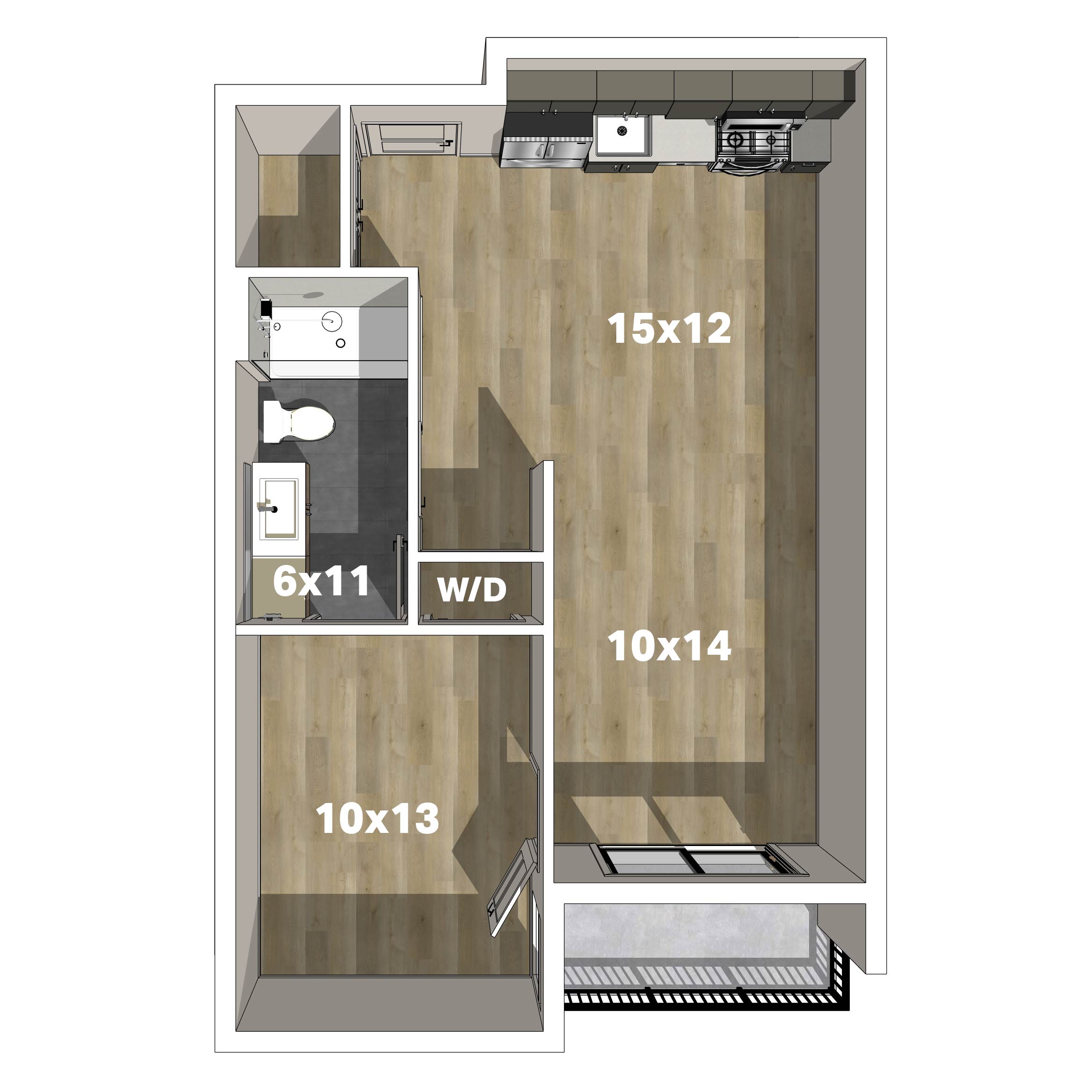 Floor plan for the one-bedroom Plan B2 residence