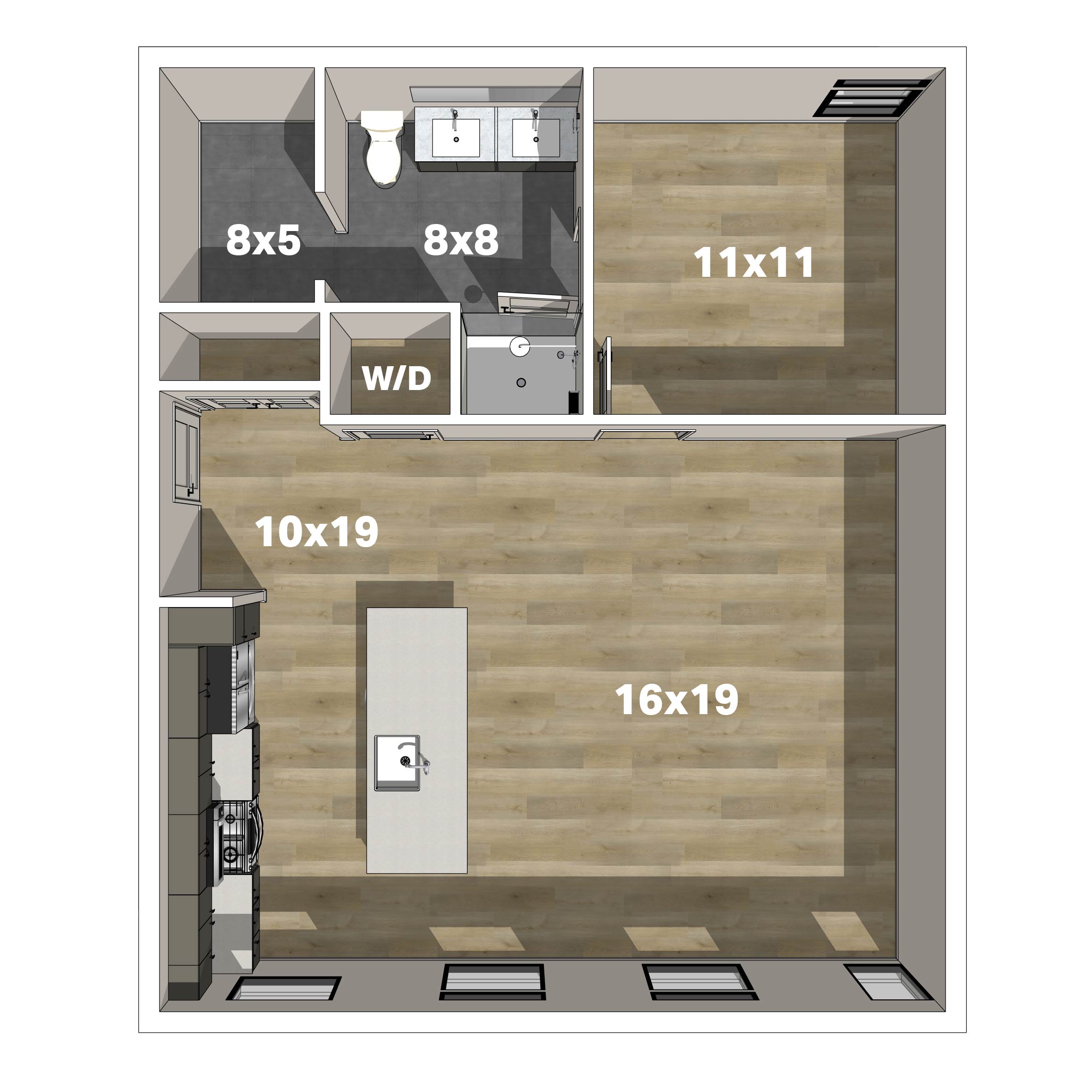 Floor plan for the one-bedroom Plan B3 residence